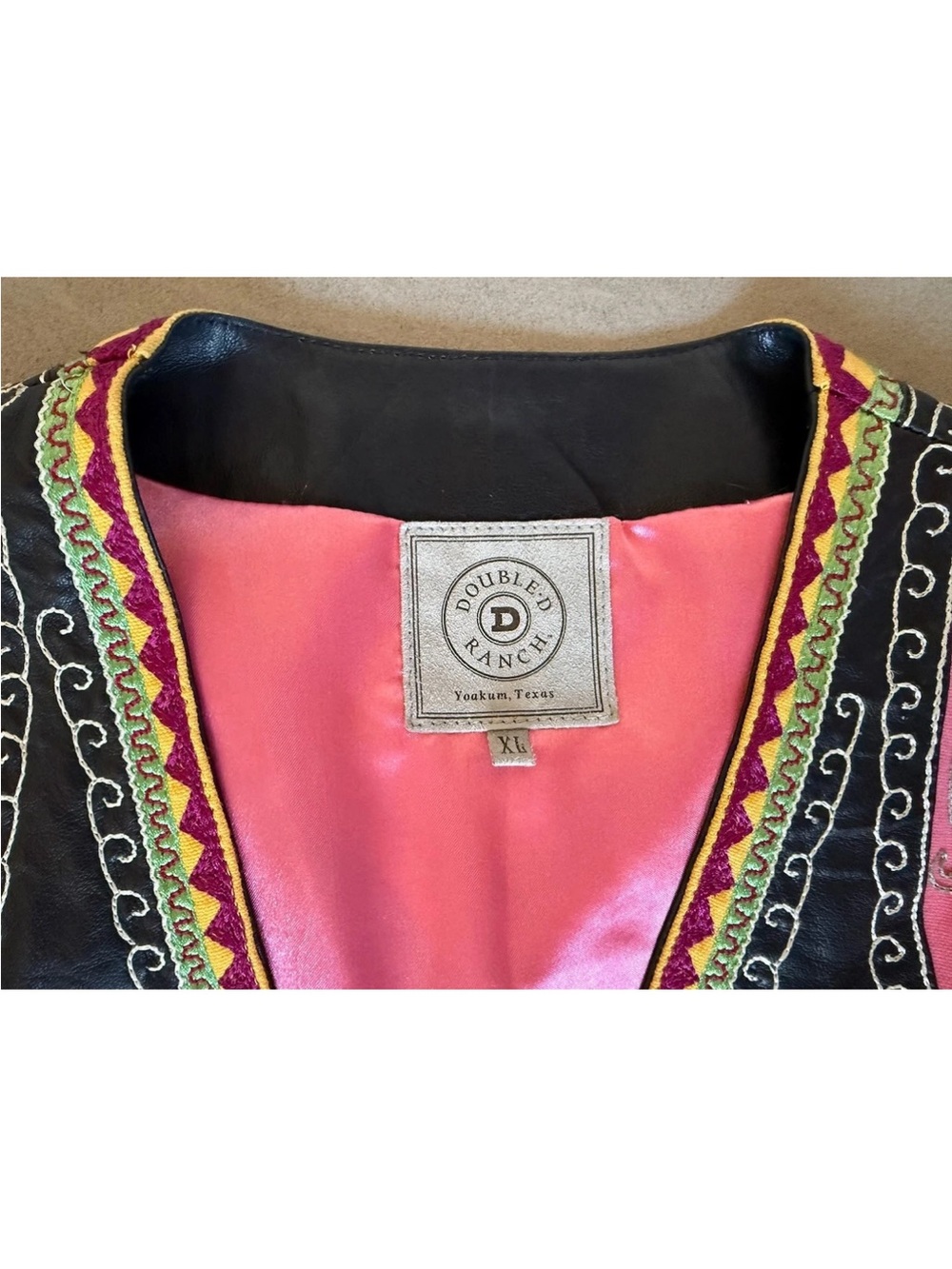 Double D Ranch Black Leather Vest embroidered flowers birds play nice be free - Picture 7 of 10